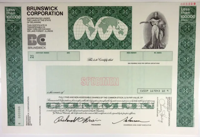 Brunswick Corp., 100,000 Shrs Specimen Stock Certificate, XF SCUSBNC