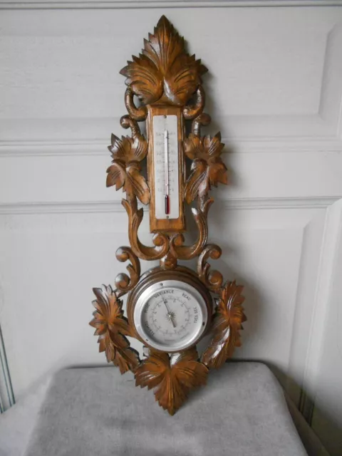 French Vintage Carved Wood BLACK FOREST Barometer & Thermometer
