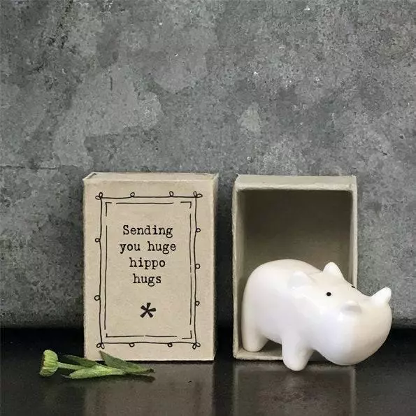 Porcelain Hippo Matchbox Gift - Sentimental Ornament - Huge Hugs - East Of India