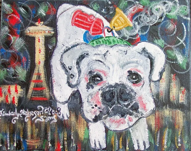 BULLDOG in SEATTLE ACEO PRINT Dog Art Card 2.5 X 3.5 Artist KSAMS