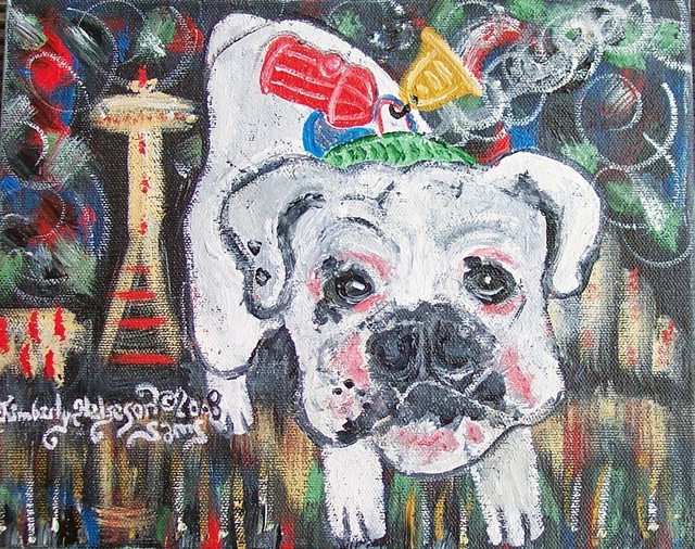 BULLDOG in SEATTLE ACEO PRINT Dog Art Card 2.5 X 3.5 Artist KSAMS