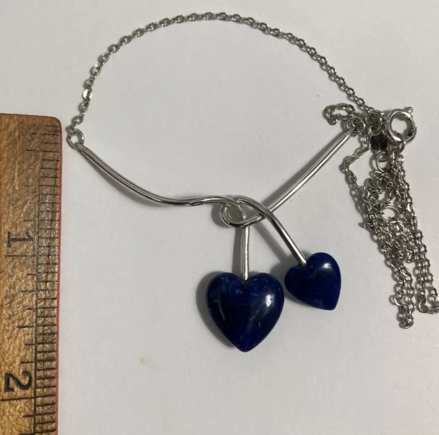 Sarah Coventry DUO HEARTS Necklace Blue Faux Lapis Entwined Hearts c 1976 2