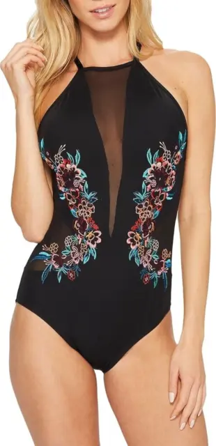 Laundry by Shelli Segal Floral Embroidered One Piece Swimsuit Black Size XS