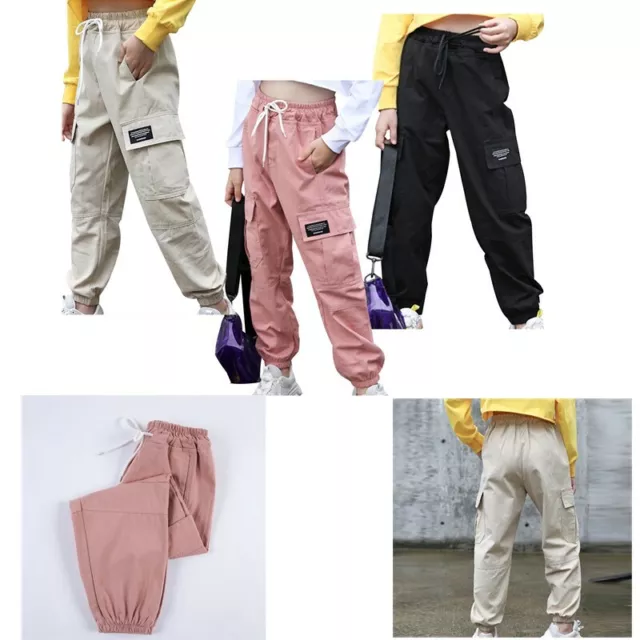 Boys Girls Cargo Pants Drawstring Stretchy Trousers Jogger Athletic Sweatpants