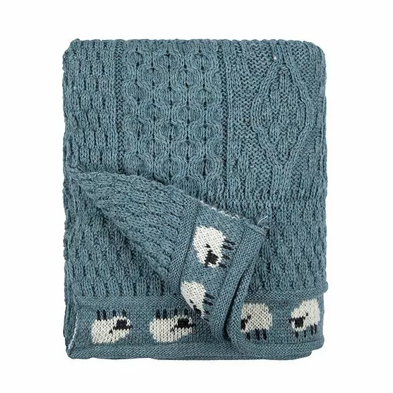 100% British Wool Arran Sheep Wool Throw/Blanket In Blue Colour - MADE IN UK