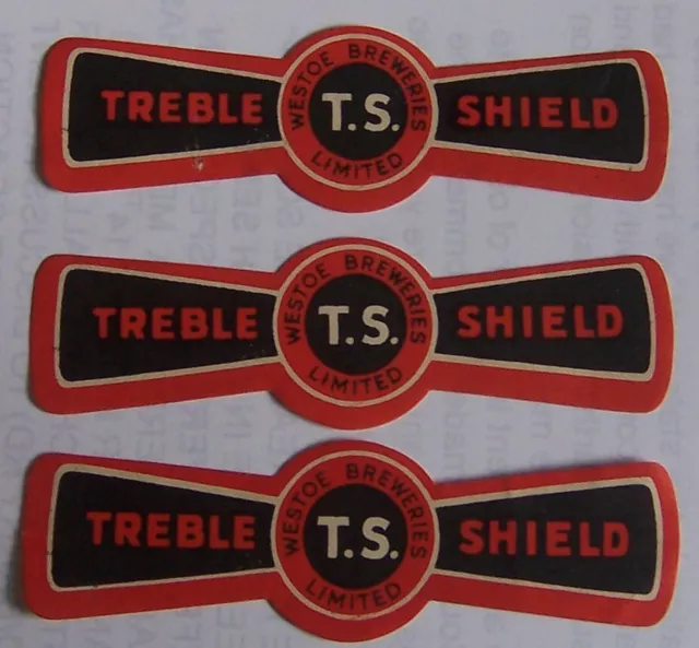 3 Off Old  Westoe Breweries  Limited Treble  Shield  Beer Bottle Stopper Labels