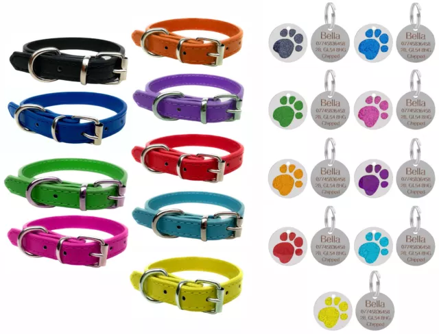 Vibrant Leather Dog Collar for Puppy, Dogs & Personalised Round Paw Glitter Tag