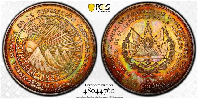 Rainbow Toned 1977 MS 67 El Salvador 18th IADB Assembly PCGS Trueview Slab 1332