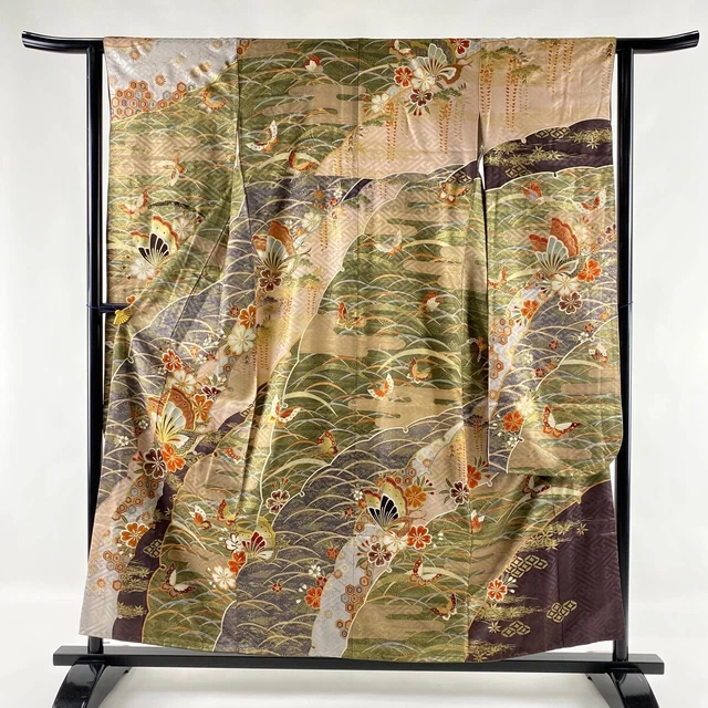 Japanese Silk Kimono Vintage Furisode Gold Long Sleeves Snow Butterfly Green 61"
