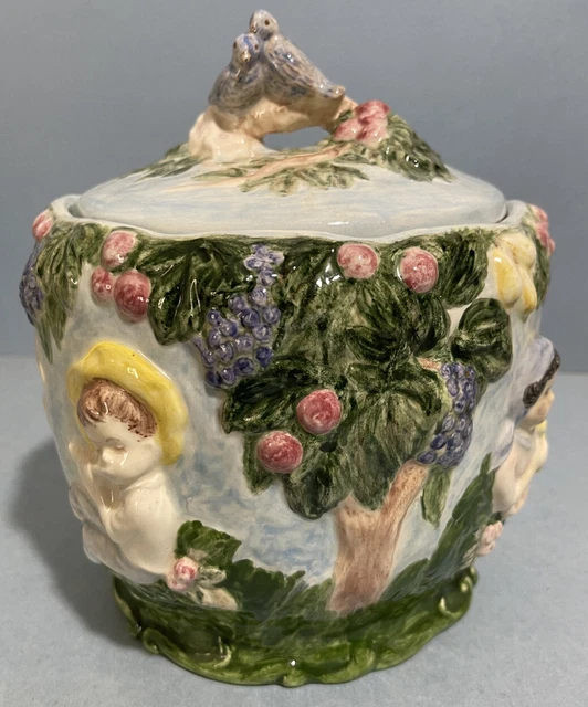Lidded Biscuit Cracker Jar capodimonte style ITALY Children Scenes And Birds