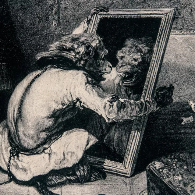 Antique Print Alexandre G. Decamps " Le Singe au Miroir " Eugène Leroux 1850