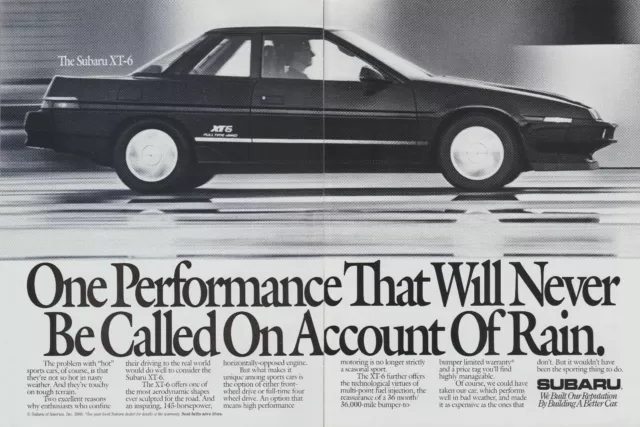 1989 Subaru XT-6 - Sports Car - "Never Called Account Of Rain" - 2 Page Print Ad