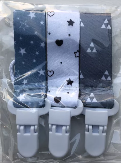 Dummy Clips - 3Pack - Grey - Baby Pacifier/Soother/Teething (hearts)🇬🇧UK Stock