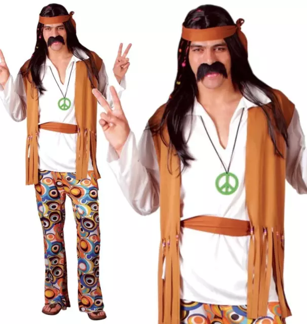 Adult Mens 60s 70s Hippie Hippy Man Groovy Woodstock Fancy Dress Costume New