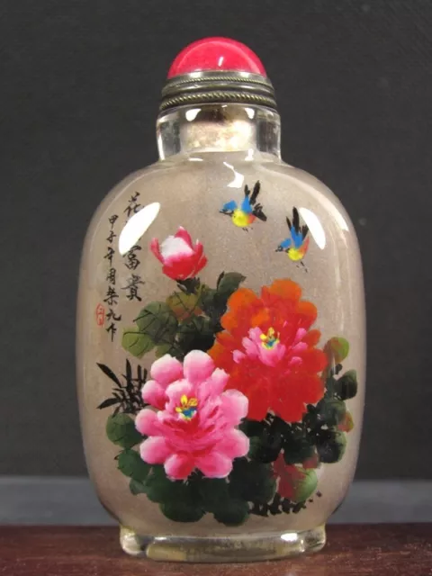 Chinese Flower Bird Inside Hand Painted Glass Snuff Bottle