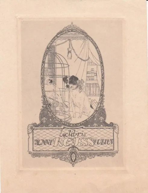 Exlibris Bookplate Radierung Rolf Schott 1892-1977 Hund Papagei Bücher