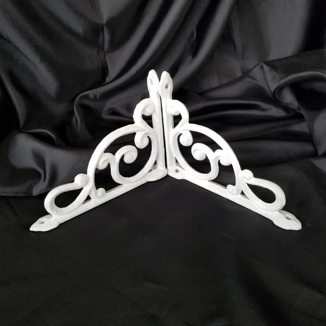 Pair Shelf Brackets Vintage Cast White Scrolled 6 3/4" Corbels Braces