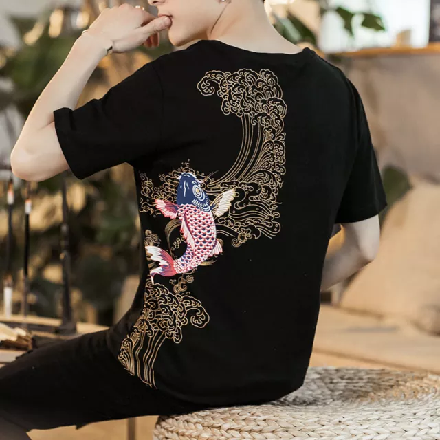 Uomo Cinese Pesce da Laghetto Koi T-Shirt Misto Cotone Manica Corta T-Shirt Top 2