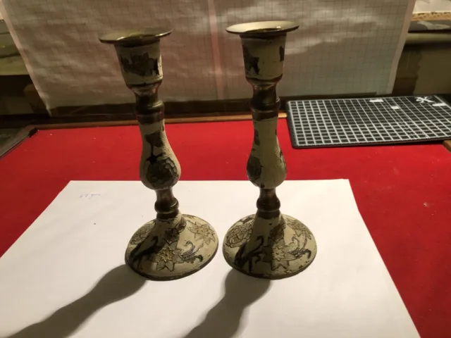 Pair Of Brass Painted Candlesticks Made In India And Painted
