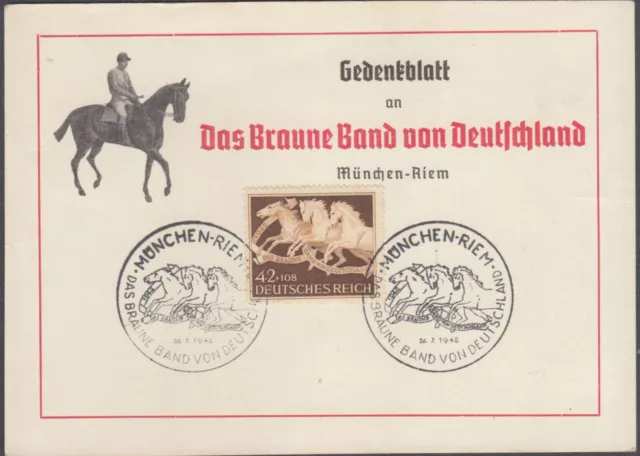 Sonderstempel München-Riem Das Braune Band 1942 auf Gedenkblatt Pferdesport