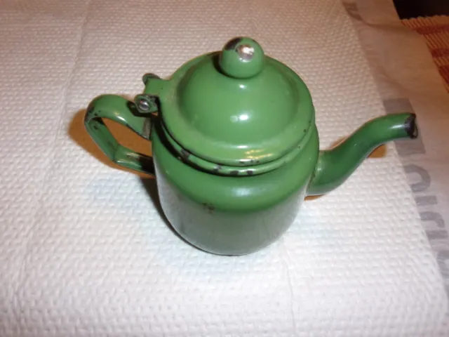 Vintage Child's Enamelware Coffee Pot, Teapot Green 4" tall