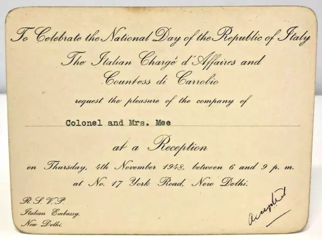 Invitation Italy National Day Celebration Countess Carrobio New Delhi India 1948