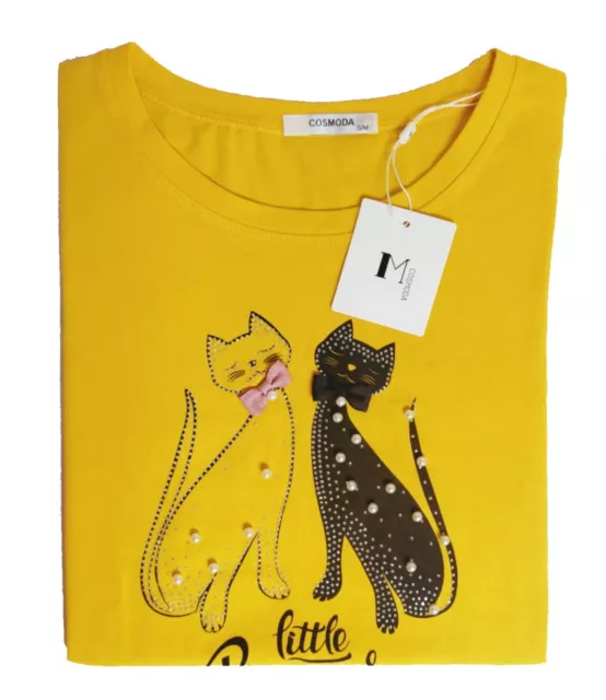 T-shirt maglietta donna gatto nero strass miao colore giallo taglia s m l xl