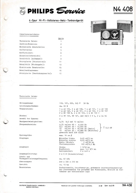 MANUEL MODE D'EMPLOI + Plan pour Magnetophone PHILIPS N 4408 , HI-FI
