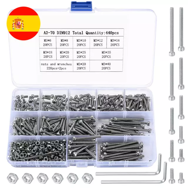 KIT 440 Tornillos Hexagonales M3, Cabeza Allen con Tuercas de Acero Inoxidable