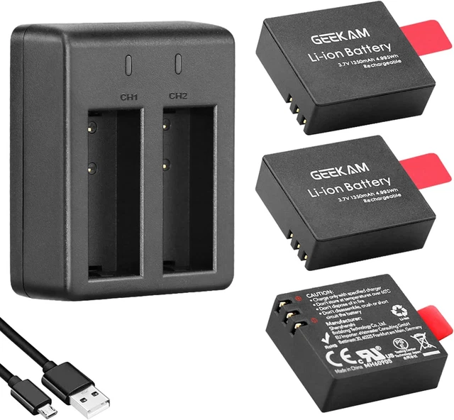 Paquete de baterías de cámara de acción, 1350mAh batería recargable 3-paquete con USB doble para