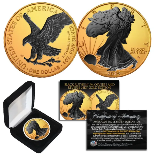 2024 1 oz Silver $1 BLACK EAGLE Ruthenium EDITION 24KT Gold Gilded US Coin BOX