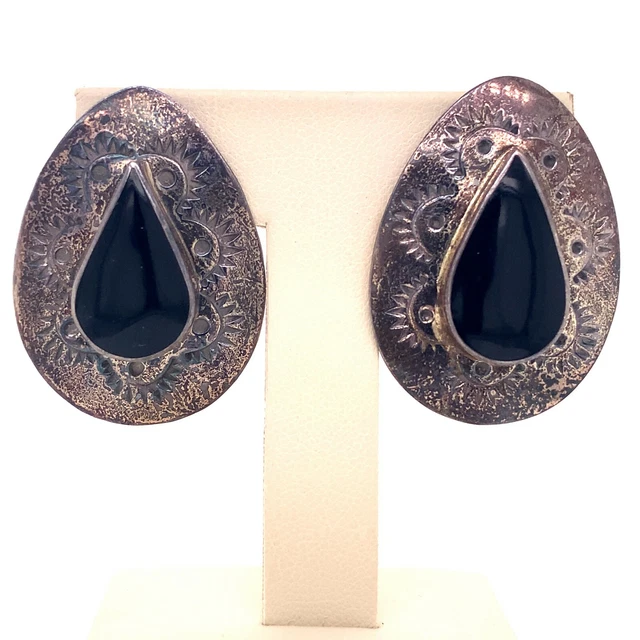 VTG Estate TR-128 Taxco Sterling Silver & Black Onyx Pierced Back Earrings! 132