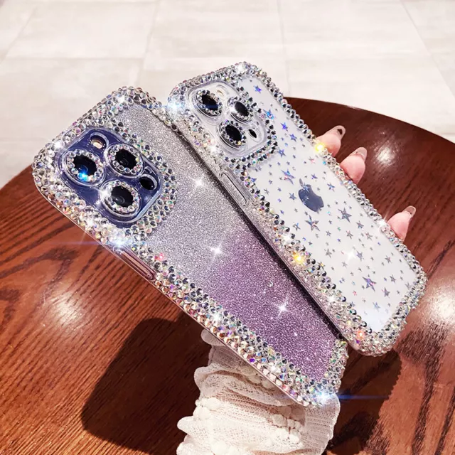 For iPhone 14 13 Pro Max 12 11 XR Sparkle Bling Star Crystal Clear Diamond Case