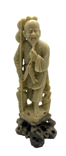 Chinese Hand Carved Soapstone Asian Fisherman Man Statue Figure Stone Base