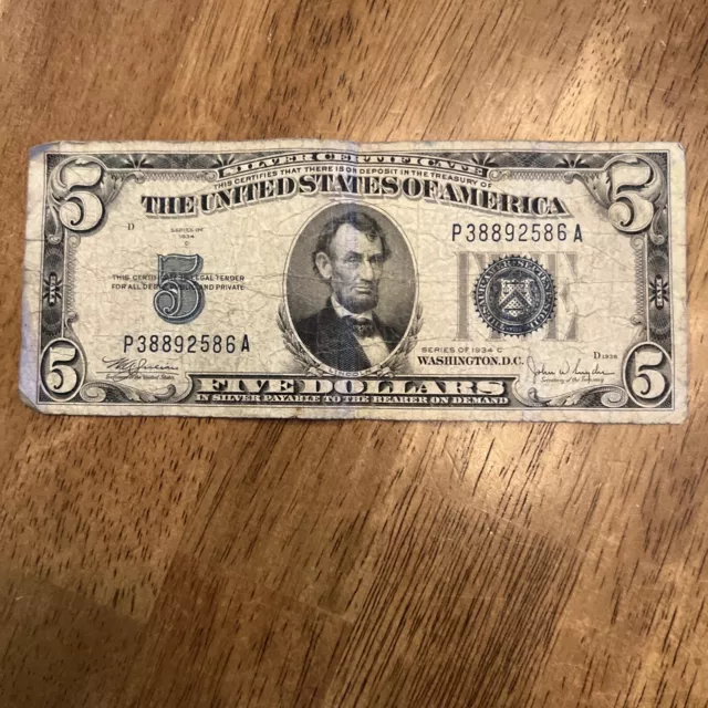 1934 C Blue Seal $5 Five Dollar Silver Certificate ... Lot #25