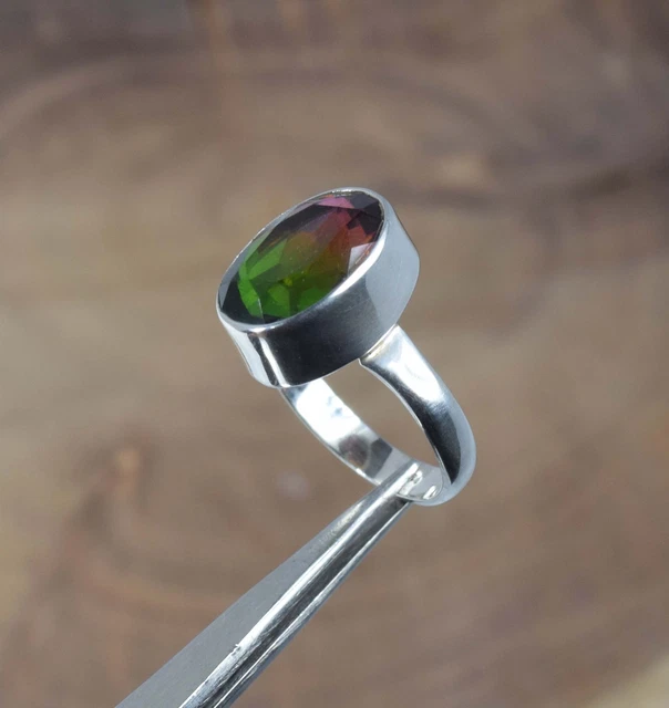 925 Solid Sterling Silver Faceted Watermelon Quartz Ring-5.5 US E693