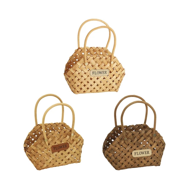 Cesta de flores tejida a mano de madera, cesta trenzada para almacenamiento,