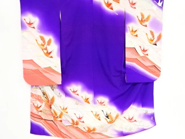 44848# Japanese Kimono / Antique Kimono For Girls / Kinsai / Embroidery / Cranes