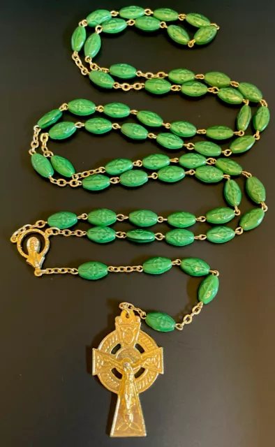 Vintage Cross Impression Green Milk Glass Rosary, Gold Tone Erin Celtic Crucifix