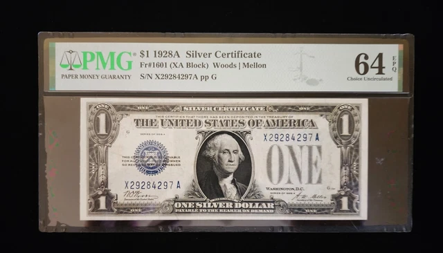 1928A $1 Silver Certificate PMG 64EPQ choice uncirculated XA Block Fr 1601