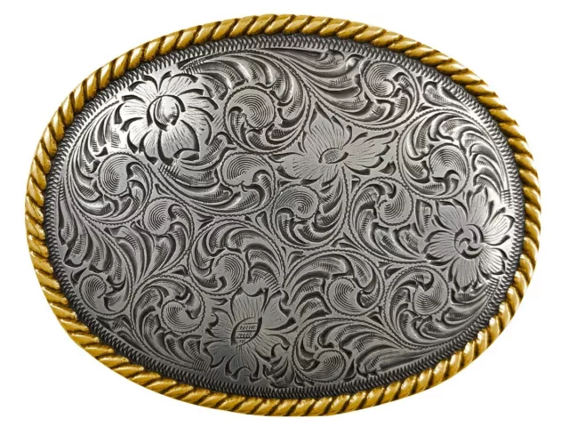 Western Cowboy Cowgirl Oval Rope Gold And Silver Played Trophy Belt Buckle