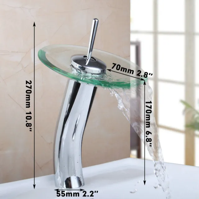 Chrome Waterfall Bathroom Faucet Vessel Sink Tempered Glass Mixer One Handle Tap 2