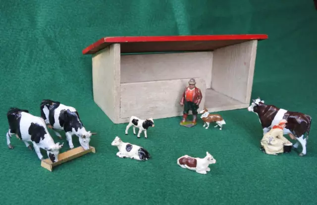 Britains Hugar 1930s Bois Jouet Ferme Cowshed Câble Vaches Laitière Fermier &