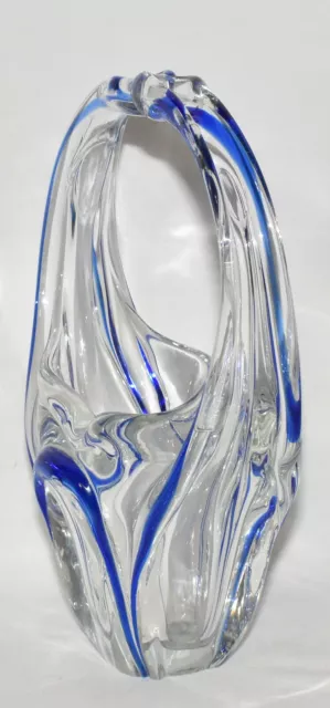 Vintage Murano Hand Blown Art Glass Basket Blue Clear Split Handle Basket Vase