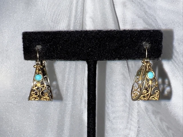 Vintage Sterling & Turquoise Israel Gold Tone Filigree Hoop Earrings
