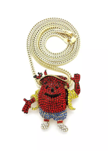 Mens Hip Hop Ice Bling Kool Aid Pendant With 36" Franco Chain 14k Gold Plated