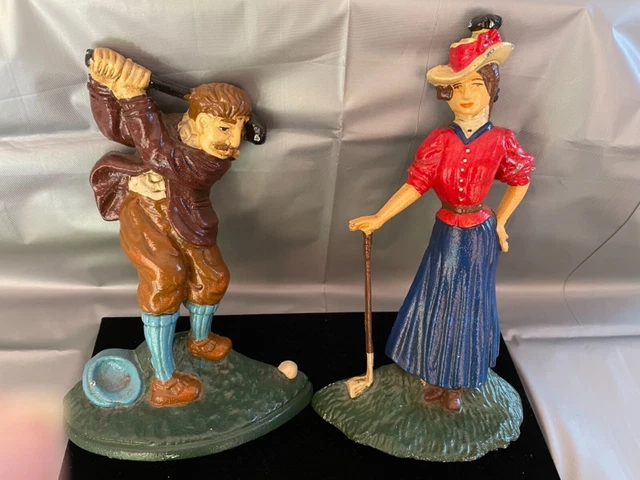 Vintage Cast Iron Pair Of Golfers Male & Female Door Stoppers / Bookends
