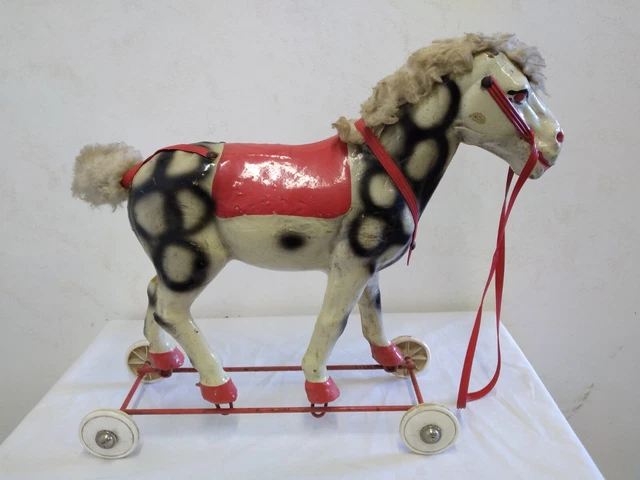 Cheval à Roulettes Vintage Années 70 (papier Mâché Et Feutrine) - Occasion, Jouet Rétro, Fabrication Française
