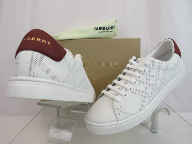 Nib Burberry Albert White Leather Perforated Check Red Logo Sneakers 9 Us 42