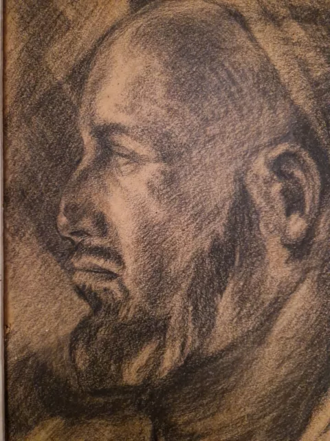 Beau Et Ancien Dessin Portrait Homme Arabe Berbère Profil Fusain 3